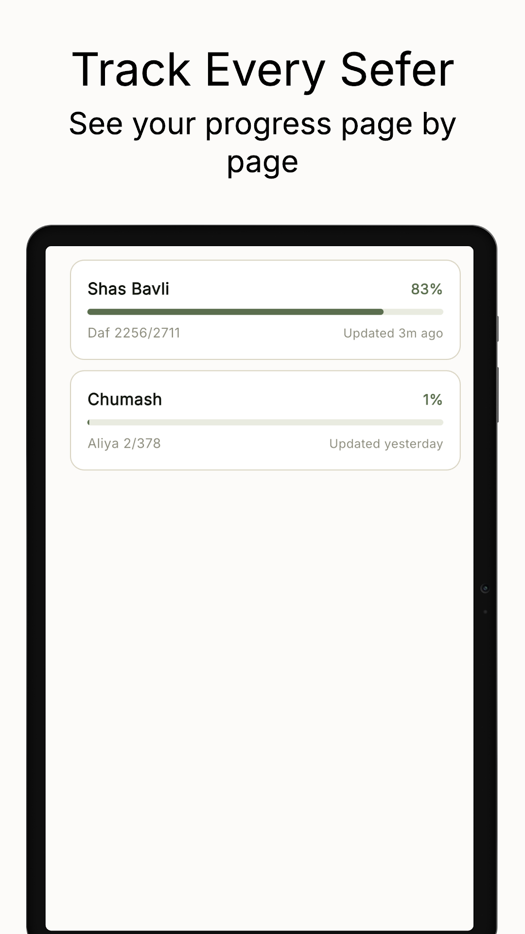Per-sefer progress in Hasmada — Shas Bavli at 83 percent, Daf 2256 of 2711, and Chumash at 1 percent