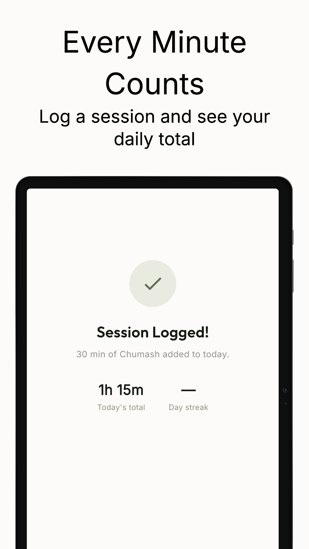 Session logged confirmation showing today's total and streak